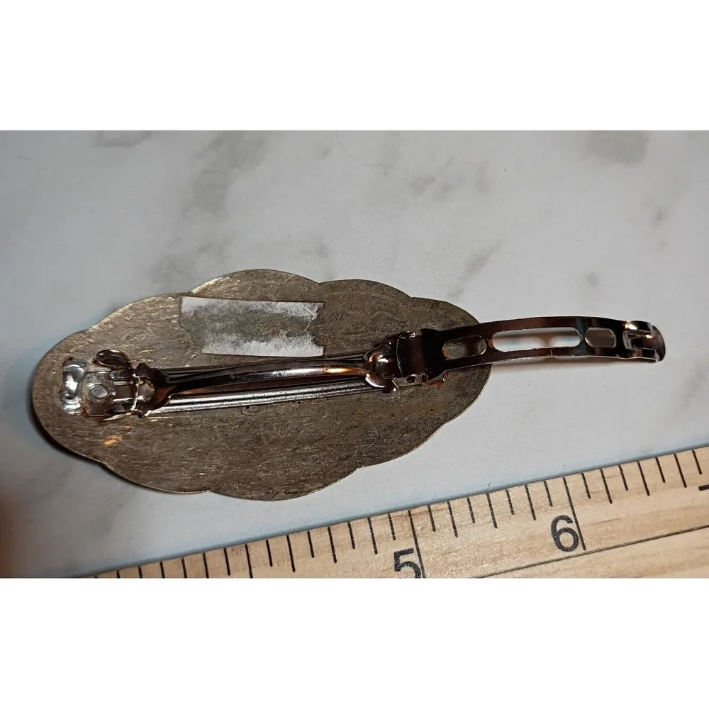 Vintage Barrette Etched Carved Copper Brass Hair Clasp Pic Color Off Bad Light